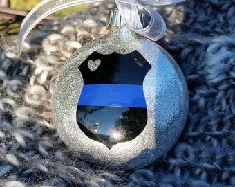 Thin blue line, police gift, police wife, police officer gift, police ornament, thin blue line ornament, glass ornament, glitter ornament