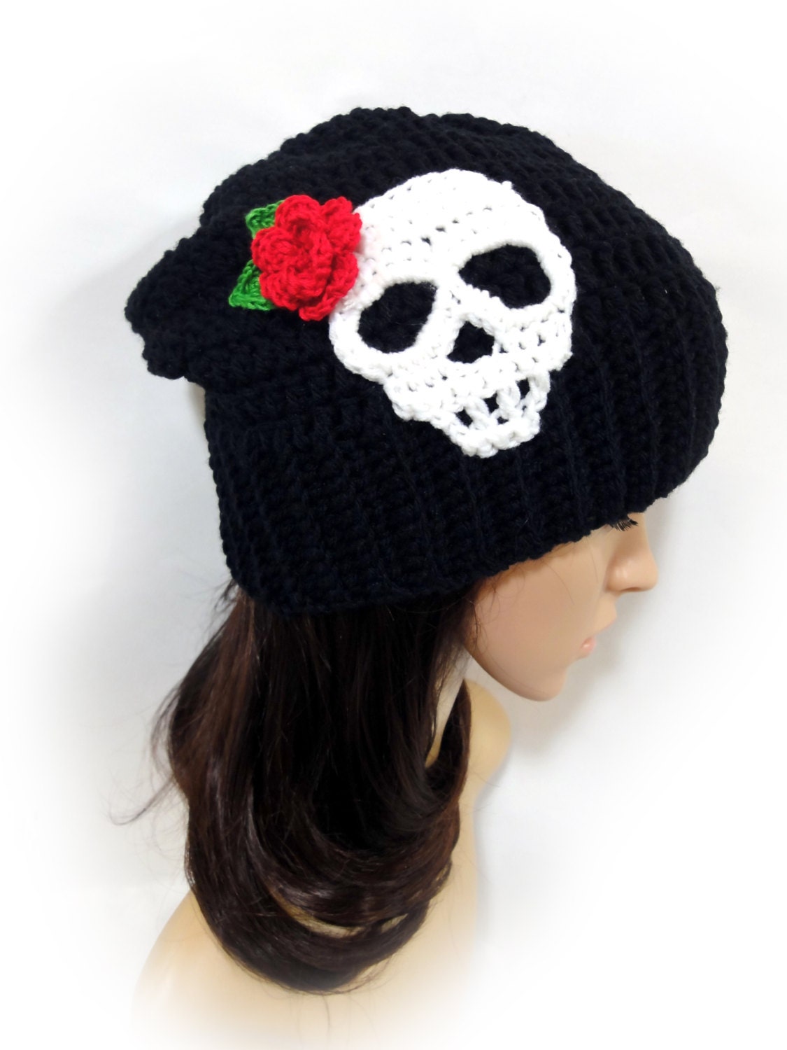 Skull and Rose Crochet Slouchy Hat. Sugar Skull Beanie. Black