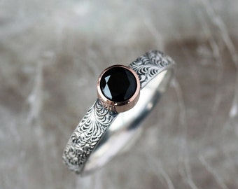 Black Onyx Ring, 14k Rose Gold, Scroll Pattern Sterling Silver Band, Black Gem Ring, Oxidized Finish, Statement Ring, Handmade Jewelry
