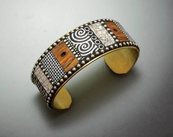 Mosaic Brass wide Cuff Bracelet with faux burl wood polymer clay inlay, Sterling Silver beads black and white patterns