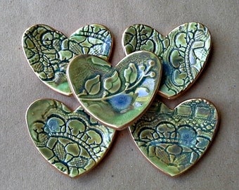 Bridal Shower favors FIVE Moss Green Ceramic Heart ring bowls itty bittys