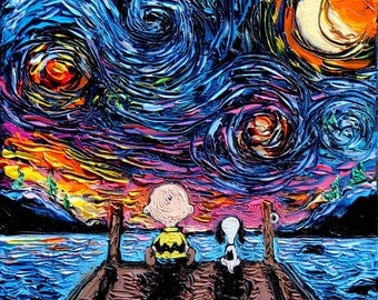 Snoopy and Charlie Brown Art - Starry Night print van Gogh Never Sat On The Dock Of The Bay by Aja 8x8, 10x10, 12x12, 20x20, 24x24 choose