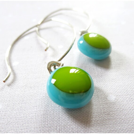 Pretty Fused Glass Earrings in turquoise and green Handmade