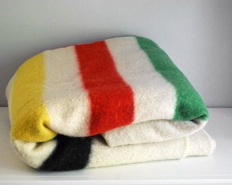 Multistripe Trader Blanket, 1940s Penney Blanket, 4 Point Wool Stripe, Rustic Lodge Cabin Decor, Vintage Bedding, Polar Star Camping 72x88