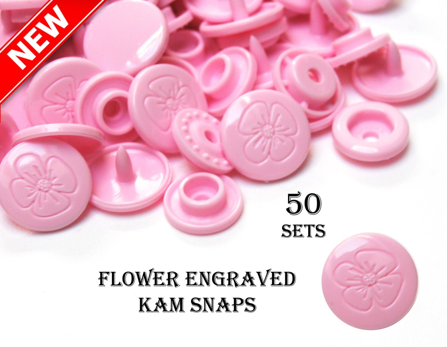 KAM snaps engraved Flower B57 pink snaps. size 20 T5 12.4 mm glossy