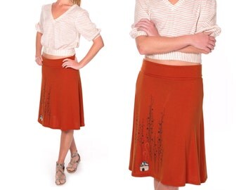 Lovely Gift for Mother, Midi Jersey skirt, A-line skirt Knee length skirt, Plus size Burnt orange skirt, Applique skirt - Little house