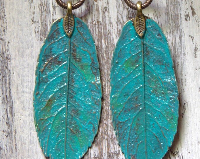 Leaf Earrings Feather Earrings Dangle Bohemian Earrings Rustic Patina Turquoise Boho Earrings Dangle Jewelry Earrings Light Leaf Woodland