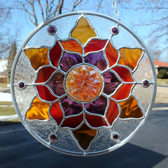 Stained Glass Panel in Amber Purple and Red