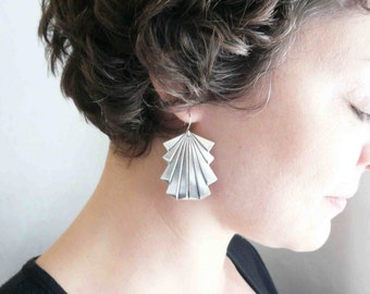 Large silver earrings Art deco earrings Large earrings Silver dangles Big earrings Art deco dangles Lightweight Pretty sterling silver wires