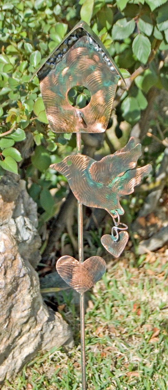 Bird House Garden Stake Yard Art Copper Art Metal Garden