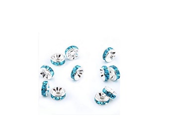 Aquamarine Crystal Rondelle Spacer Charm Beads , 24 Pcs , 6mm Crystal Rhinestone Spacer Beads