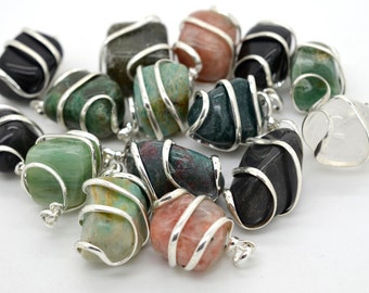 Tumbled Stone Pendants, Set of 3, Mixed Natural Stones, 28x16x12mm, Wire Wrapped Pendants -P267