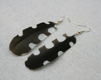 black feather earrings - polka dot earrings - Black And White spots polka dots feather dangle earrings jewellery jewelry