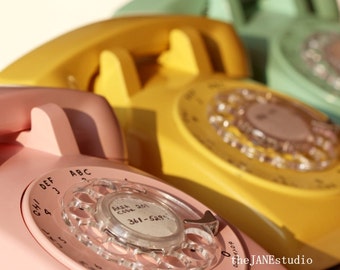 ring, ring, ring, PHOTOGRAPH, vintage, rotary phone, bakelite, retro, MCM, pink telephone, aqua, yellow, pastel, bedroom, apartment, PHOTO