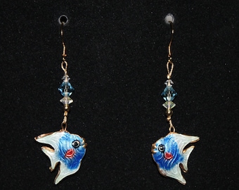 Blue, White and Gold Cloisonne Fish Earrings