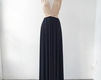 Nude black dress, nude long dress, black long dresses, evening gown, two color bridesmaid dresses weddings, bridesmaid nude long event dress
