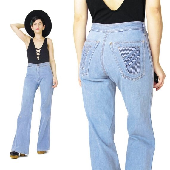 1970s Flared Jeans Worn In Light Wash Denim Womens Vintage 70s