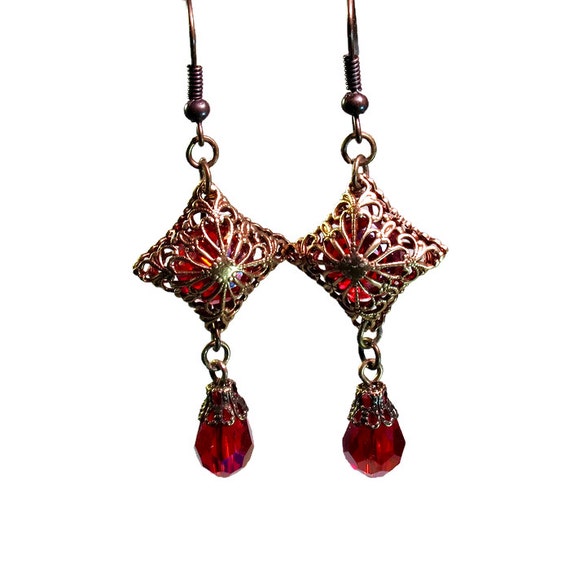 Romantic Brass Filigree Red Dangle Earrings with Sparkly Red