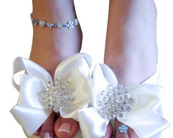 Ivory White Bridal Flip Flops -Wedding Wedge Flip Flops with Heel or Flat - Jewel Rhinestone Bow for the Bride - platform bridesmaids Bling
