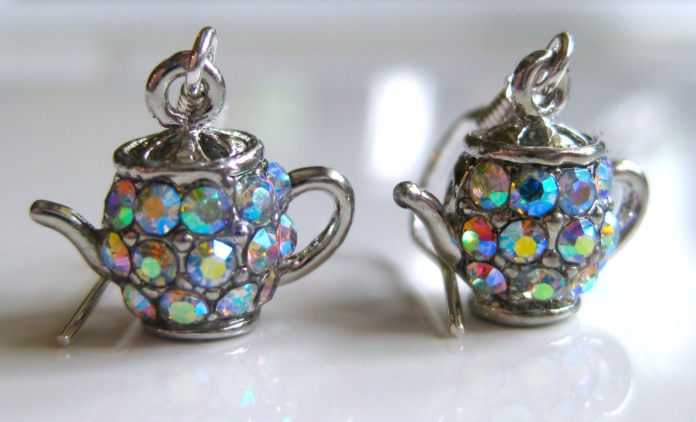 Tiny Teapot Earrings with AB Rhinestones on Sterling Silver