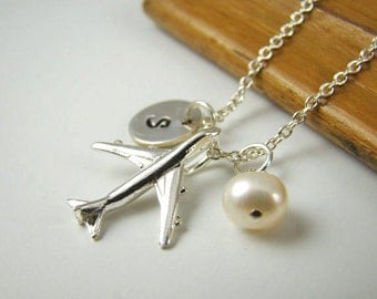 Personalized Airplane Necklace, Sterling Silver, Pilot Gift, Flight Attendant Gift, Love to Fly, Travel