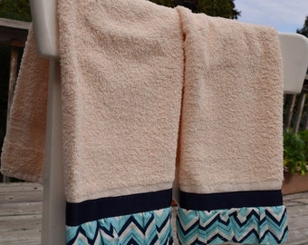 Blue and White Chevron print with tan light beige towels set of 2 kitchen tea dish hand guest towel