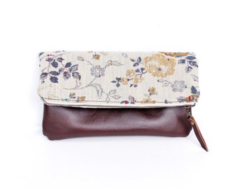 Leather Clutch, Fold over Clutch, Evening bag, Floral, Brown