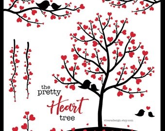 The Pretty Heart Tree - Digital Clip Art - Instant Download - Red and Black - Trees, Branches, Vines, and Birds