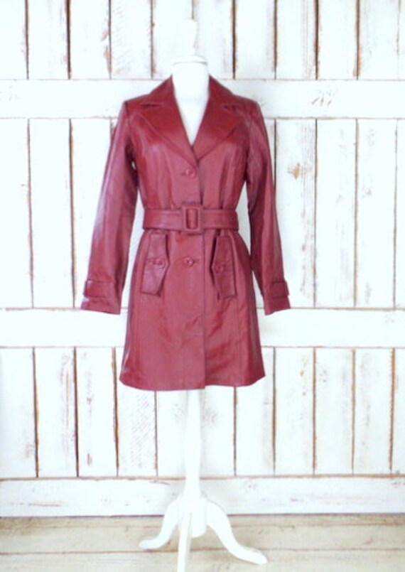 90s vintage long red burgundy/maroon leather trench