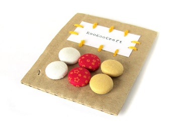 SALE Set of fabric earrings - gift for her - red stud earrings - yellow orange button earrings - white post earrings