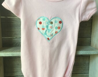 Initial Heart Onesie or Shirt - Children's Clothing, Embroidered, Applique