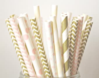 Blush Pink, Champagne and Gold Paper Straws, Blush and Gold Wedding Decor, Baby Shower Decorations, Shabby Chic Rustic Buffet Table