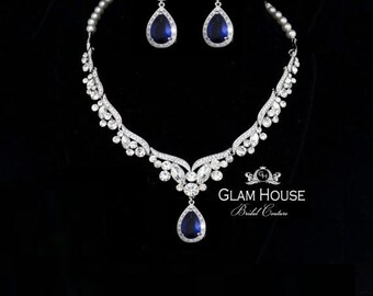 Sapphire Jewelry Set,Sapphire necklace,Sapphire earrings,bridal earrings,blue earrings,pearl necklace,something blue,bridal jewelry,Sapphire