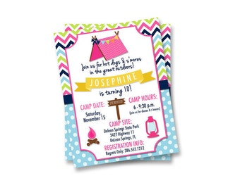 Camping Birthday Invitation, Girls Camping Invite, Glamping Invitation, Printable Invitation, Birthday Party Invite