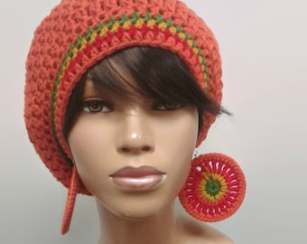 MADE TO ORDER Orange Crochet Slouch Hat/ Slouchy Beanie/ Tam with Rasta Stripes Red Gold Green and free matching earrings