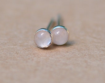 Rose Quartz Earrings set in Handmade Sterling Silver Earring Studs. 3 mm pale pink gemstones for birthdays, presents, gifts