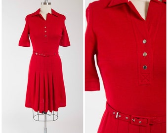 Vintage 1960s Dress • Cherry Apple • Red Wool 60s Day Dress with Pleated Skirt Size Medium
