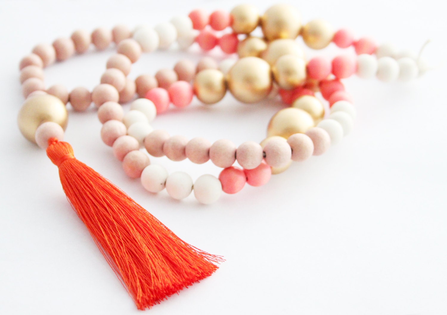 Tassel Necklace, Coral Orange and Gold Beaded Tassel Necklace, Colorful Statement Necklace, Wood Bead Tassel Necklace, Tassel Jewelry