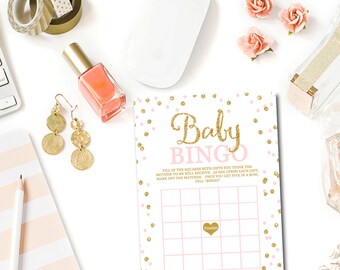 Pink and Gold Baby Shower Bingo Game, Baby Bingo Baby Shower Games Glitter Confetti Pink Baby Girl Shower Game Print Instant Download BB1