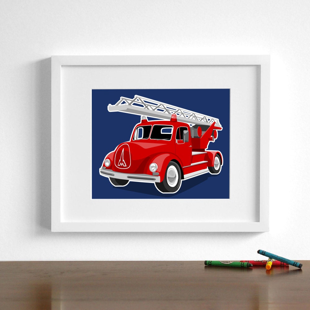 Fire truck art print fire fighter art fire man decor ladder