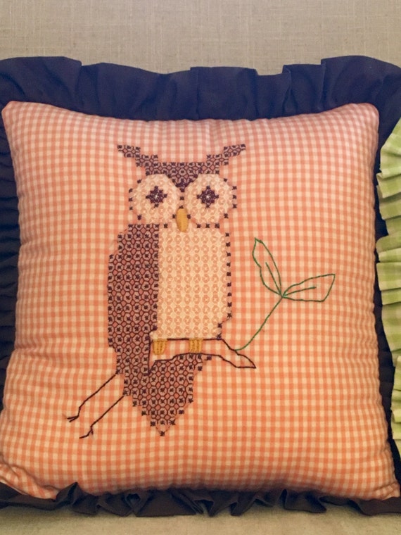 Vintage Owl Pillow with Retro Embroidery Gingham Throw Pillow