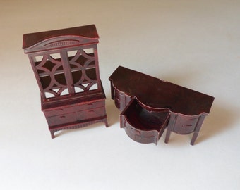Ideal Dollhouse Hutch and Buffet, Plastic China Cabinet and Matching Buffet, Dinningroom Furniture