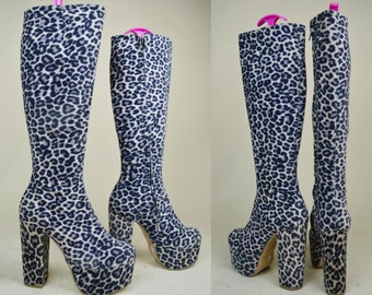 90s Clubkid Spice Girls White Leopard Print Soft Fuzzy Velour Magic Shoes Chunky Heel Mega Platform Knee High Boots UK 3 / US 5.5 / EU 36