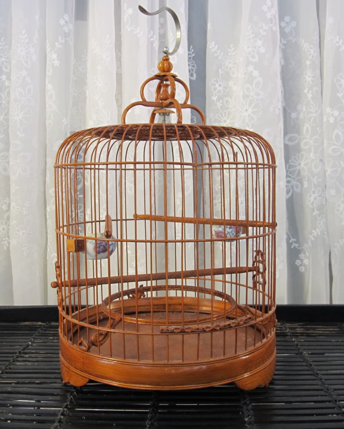 Vintage 80's Chinese bamboo and wood bird cage