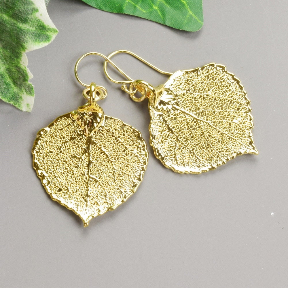 Gold Leaf Earrings Real Aspen Leaf Earrings Nature Jewelry