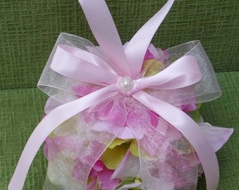 Pink and green hydrangea flower pomander, kissing ball