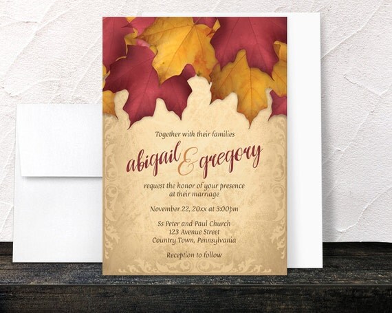 Burgundy Gold Autumn Wedding Invitations - Rustic Fall Burgundy Red Orange and Yellow Leaves over Gold with Flourish design - Printed Il_570xn
