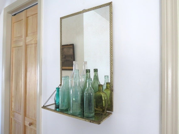 Vintage Mirror with Shelf // Mid Century Style Gold Metal Mesh Framed 