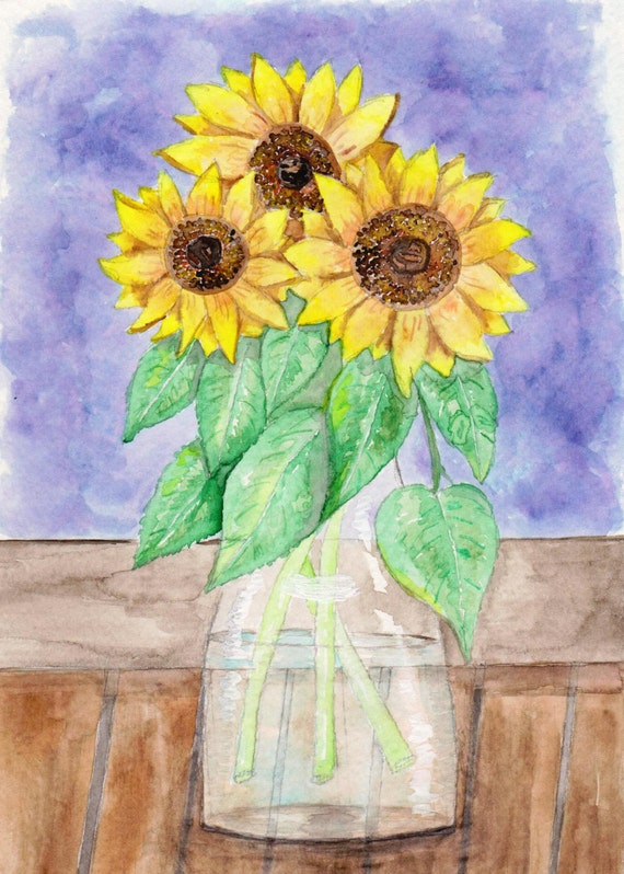 Sunflowers in Vase Watercolor Print Floral Still Life