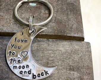 I Love You To The Moon And Back Keychain - Stainless Steel - Hand Stamped - Custom - Personalized - Anniversary Wedding Gift - Made in USA